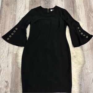 Calvin Klein black belle sleeve w/ gold rivets sheath dress sz 4